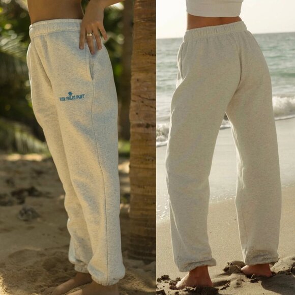 Pink Palm Puffs Sweatpants in Heather White Fleece - Picture 1 of 10
